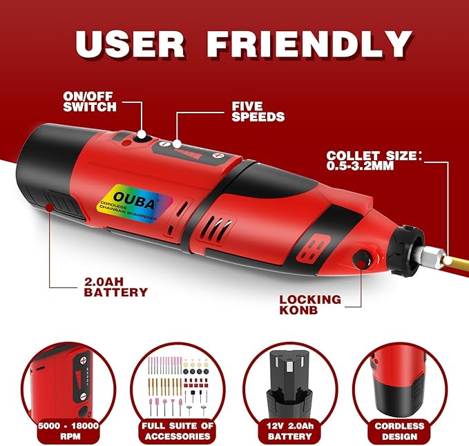 OUBA Cordless Chainsaw Sharpener with 12v Battery, Comes with Electric Chainsaw Sharpener Tool with 54 PCS Sharpener Accessories, Chainsaw Chain Sharpener Kit with Titanium Plated Diamond Bits