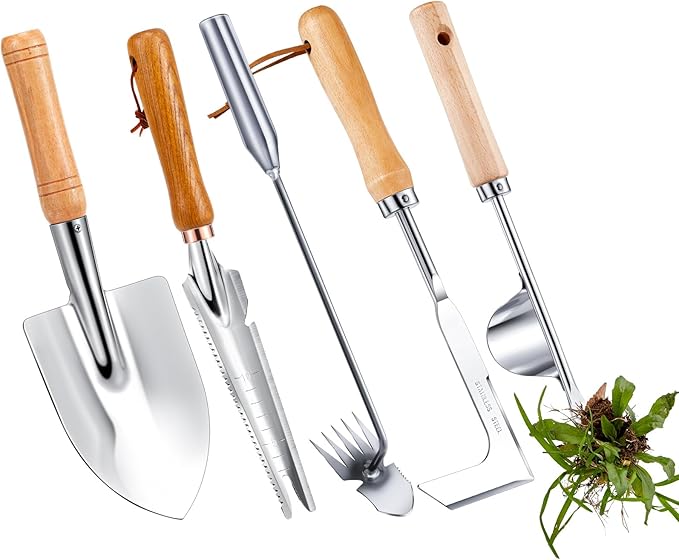 Yungyan 5 Pcs Weed Puller Set Include Dandelion Fork Weeding Knife Tool Hand Trowel 5 Teeth Weeding Tool L Shape Gardening Crack Sickle Tool Hoe for Garden Lawn Grass Moss Removal Backyard