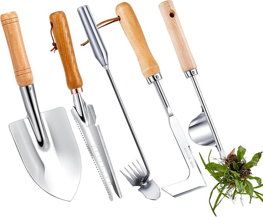 Yungyan 5 Pcs Weed Puller Set Include Dandelion Fork Weeding Knife Tool Hand Trowel 5 Teeth Weeding Tool L Shape Gardening Crack Sickle Tool Hoe for Garden Lawn Grass Moss Removal Backyard