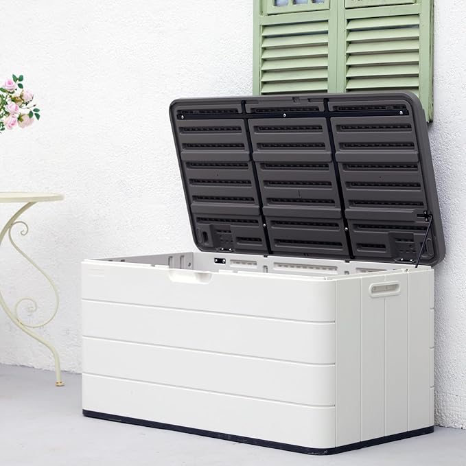 110 Gallon Outdoor Deck Box, Outside Storage Box Waterproof for Cushion Storage, Garden Tools, Lockable Outdoor Storage Bin, Light Beige
