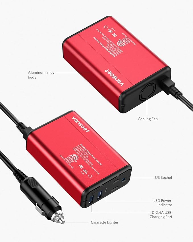 150W Power Inverter DC 12V to 110V AC Car Inverter with 4.2A Dual USB Car Adapter (Red)