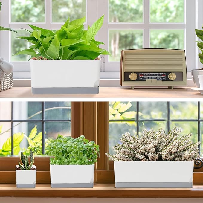 Self Watering Planters Pots for Indoor Plants, 7 Pack Plastic Planter Box Flower Pots for Indoor Outdoor Plants, Rectangle Herb Planter Window Boxes Planterswith Drainage, Light Gray Tray