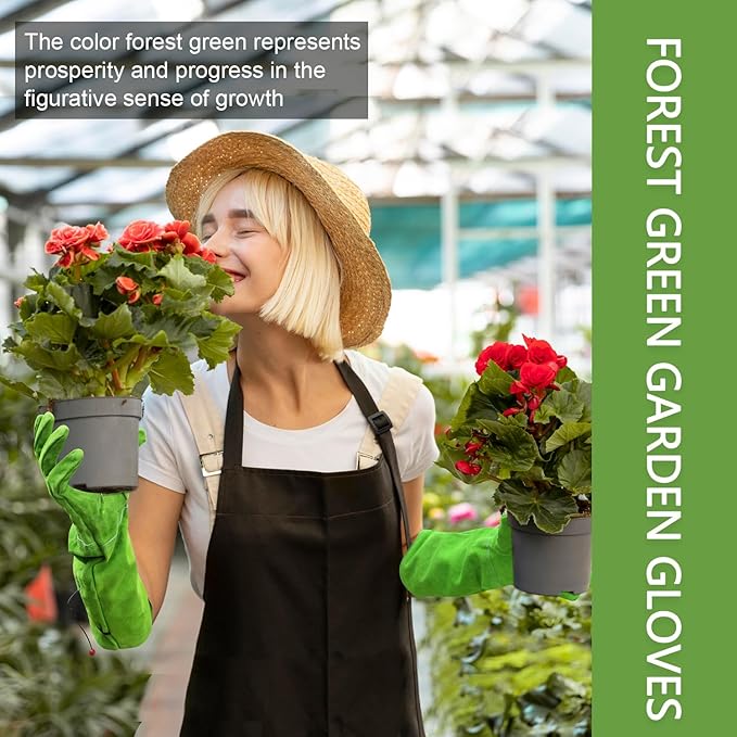 Gardening Gloves for Women, Garden Gloves for Thorn Proof, Professional Rose Pruning Gloves, Long Leather Garden Gloves (Large, Forest Green)