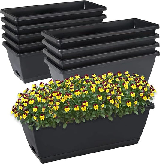 Window Box Planter, 10 Pack Plastic Vegetable Flower Planters Boxes 17 Inches Rectangular Flower Pots with Saucers for Indoor Outdoor Garden, Patio, Home Decor (Black)
