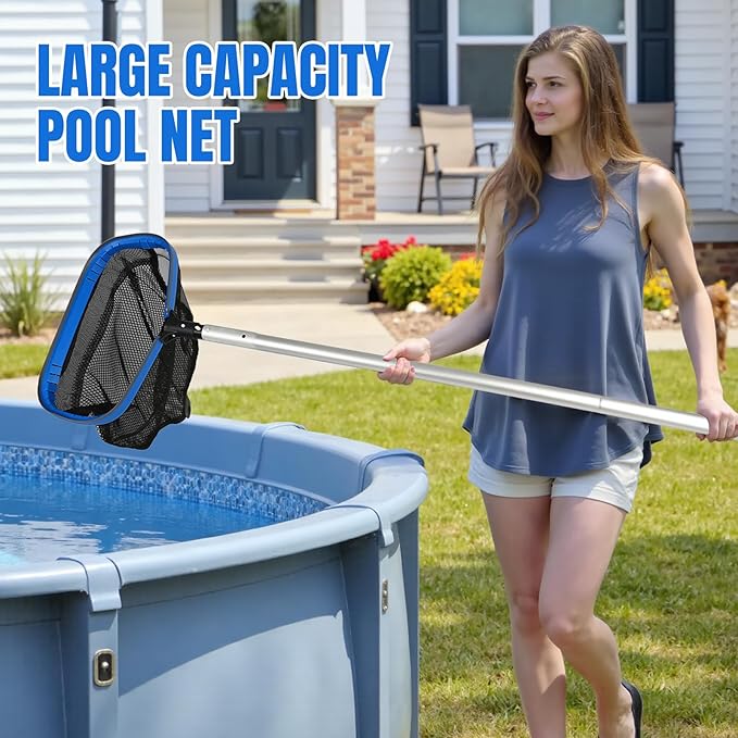 joyhalo Pool Skimmer Net with Pole,Upgraded Extra Wide Scoop Edge, Swimming Leaf Rake with 2.5FT-10FT Adjustable Aluminum Pole for Cleaning Leaves, Debris