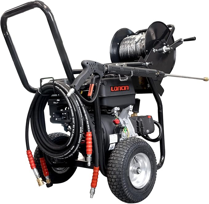 Canpump 2-in-1 Gas Pressure Washer & Sewer Jetter – 3400 PSI, 5.7 GPM, 420cc Loncin Engine – Triplex Pump w/Extended Bypass Unloader – 100 ft Hose Reel, Foot Valve, Spray Gun, Wand, Hose, Nozzles