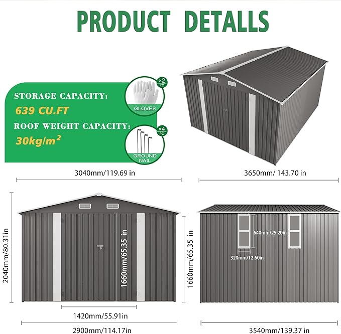 10x12 FT Outdoor Storage Shed, Large Metal Garden Shed with Double Door Two Window Waterproof Tool Shed for Backyard Patio Lawn Poolside, Grey
