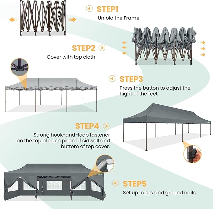 COBIZI 10x30 Heavy Duty Pop Up Canopy with 8 Sidewalls and Hexagonal Legs, Easy up Tent for Parties, Wedding and Commercial, Outdoor Canopy with Carry Bag, Sand Bags, Waterproof & UPF50+ (Gray)