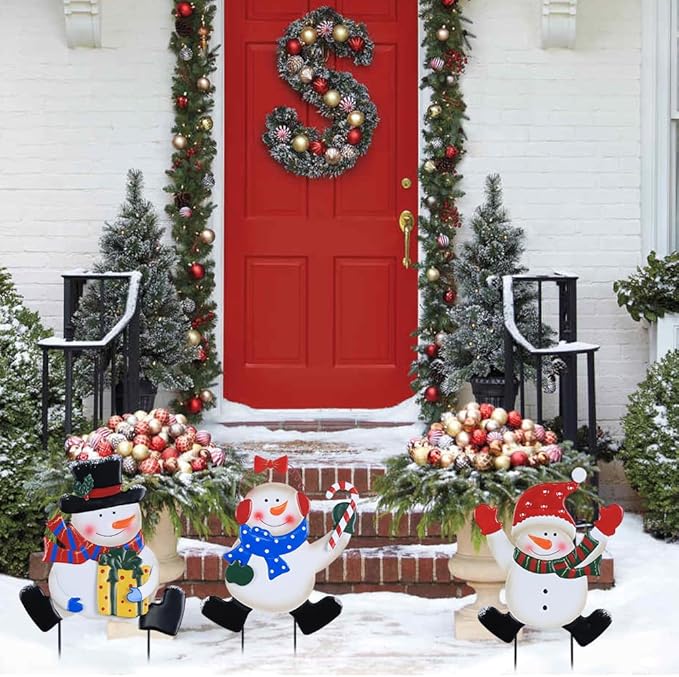 YEAHOME Outdoor Christmas Decorations, Stacked 3 Snowman Decorative Garden Stakes for Christmas Decor, Metal Yard Signs Xmas Decorations for Outside Garden Yard Lawn Porch Holiday Party