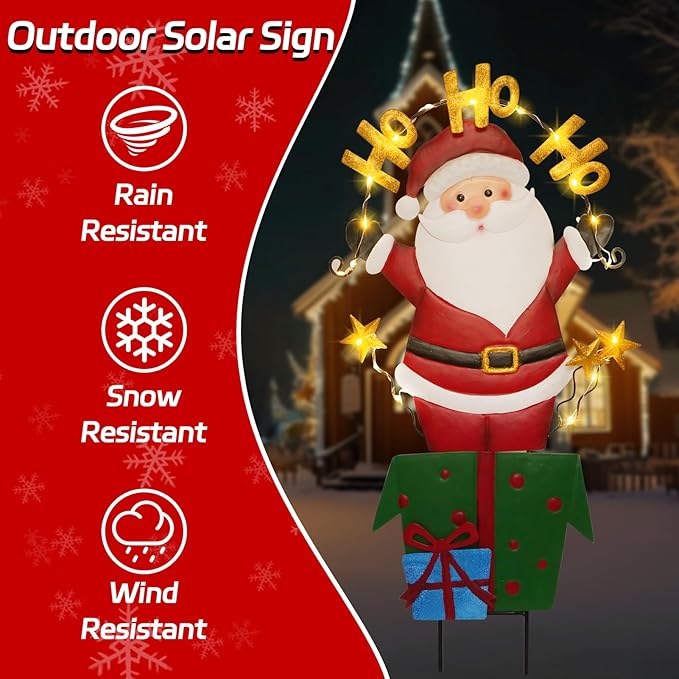 Solar Christmas Lights Outdoor Garden Stakes, 30in Metal Santa Claus Yard Signs with LED String Lights, Waterproof Christmas Decor for Xmas Lawn Pathway Patio Party Winter (Santa Claus)