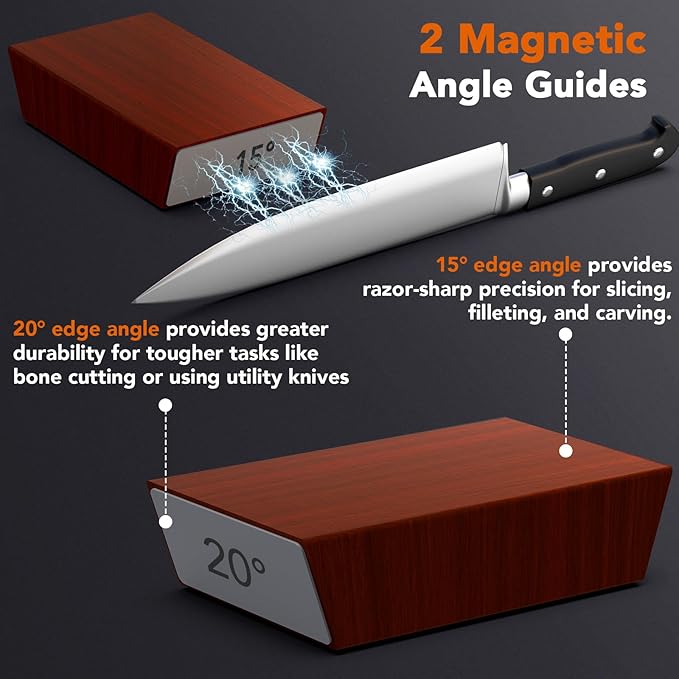 Rolling Knife Sharpener for Razor Sharp Edges, Easy Kitchen Knife Sharpening Tool Kit for Steel of Any Hardness, 15 & 20 Degrees Powerful Magnetic Holder