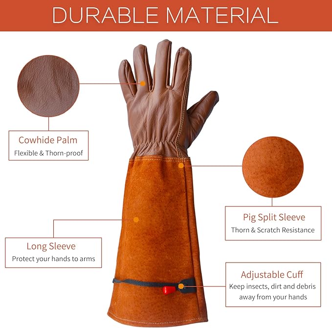 Gardening Gloves, Professional Puncture Proof Gloves for Rose Pruning & Cactus Trimming, Long Leather Garden Gloves Gifts for Women & Men- Full Grain Pigskin (Thorn Proof) (Large, Brown)