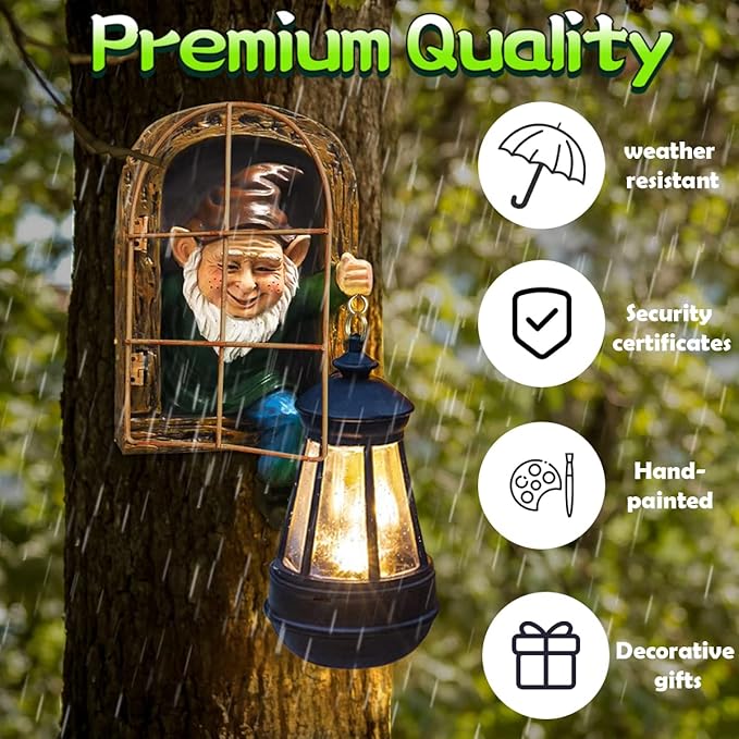 Whimsical Fairy Garden Gnomes with Solar Lights-10 Elf Out The Door Tree Hugger Garden Statues-Outdoor&Yard Decor-Tree Face Sculpture,Ideal Halloween Gifts - Yard Art for Patio,Fence,Wall