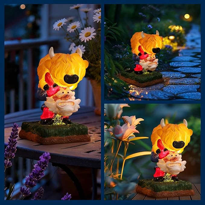 Garden Statue–Grome&Highland Cow Outdoor Decor Solar Light for Yard, Patio or Balcony–Eco-Friendly Resin Figurine Gift for Parents, Friends, Coworkers–Christmas, White Elephant, Thanksgiving, Birthday