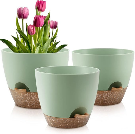 Plant Pots 10/9/8 Inch Self Watering Pots, Set of 3 Plastic Planters with Drainage Holes and Saucers,Plastic Flower Pots,Nursery Planting Pot for Indoor Out Door Plants(Green)