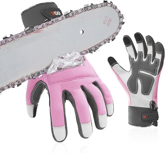 Vgo... Chainsaw Gloves,12-Layer Saw Protection on Left/Both Hand Back,Cow Leather Gloves,Touchscreen