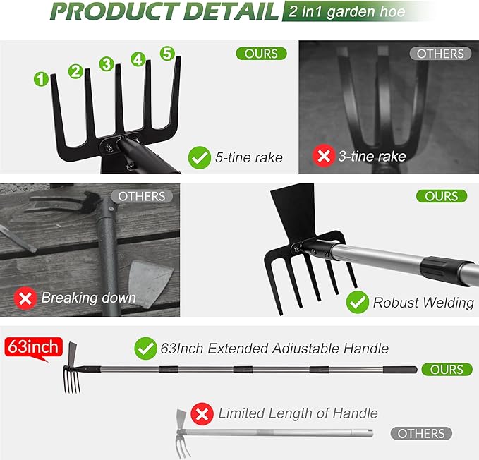 Walensee 2 in 1 Hoe Garden Tool, 63 Inch Garden Hoe Cultivator and 5-Tines Rake with 37-63 Inch Adjustable Long Handle, Weeding Tools Hand Tiller for Yard Lawn Flower Beds Planting Gardening Digging