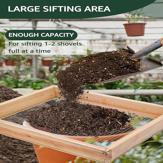 Soil Sifter,Dirt Sifter for Gardening Rock Sifter for Rocks Compost Sifter Wooden Sifting Screen,Garden Sieve for Pellet/Gravel/Soil/Leaves,Garden Tool 15.7" x11.8”x2.8” with 1/5” Mesh