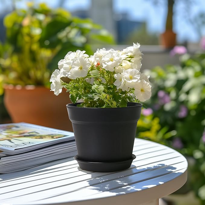 T4U 7.5 Inch Plant Pots 12-Pack - Small Plastic Planter with Drainage Hole and Saucer, Decorative Nursery Pot Bulk for African Violet, Snake Plant, Succulent and All House Plants Indoor (Black)