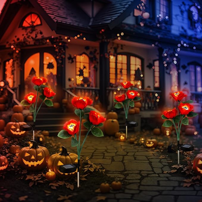 Riakrum 2 Pack Halloween Solar Eyeballs Stake Lights Waterproof Scary Roses Solar Lights Halloween Outdoor Decorations for Garden Yard Patio Pathway Lawn Party Outside Decor