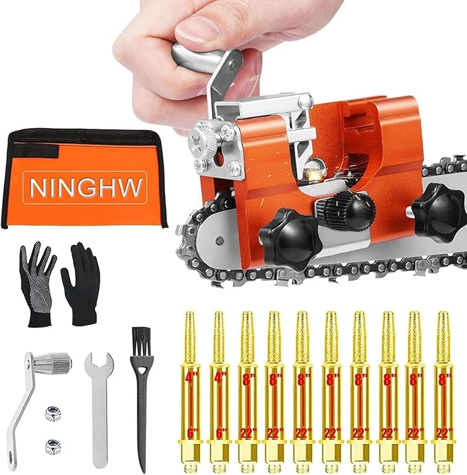 Chainsaw Sharpener Jig, Upgraded Chain Saw Sharpener Tool, Hand Crank Chainsaw Sharpening Kit with 10 High Hardness Bits, Gloves, Bag and Brush, Portable Chainsaw Blade Sharpener for 6"-22" Chain Saws