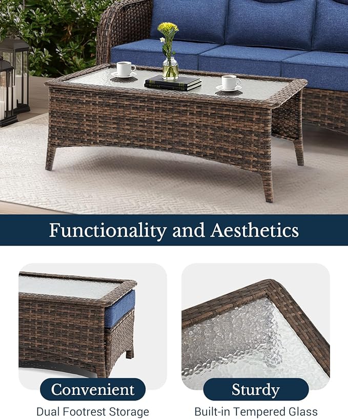 HILLGA Luxury Patio Furniture Set with 6-Inch Thick Cushions, High Back Outdoor Swivel Rocker Chairs and Patio Couch, 13-Piece All Weather Conversation Set for Porch Deck Pool Yard, Blue (V3)