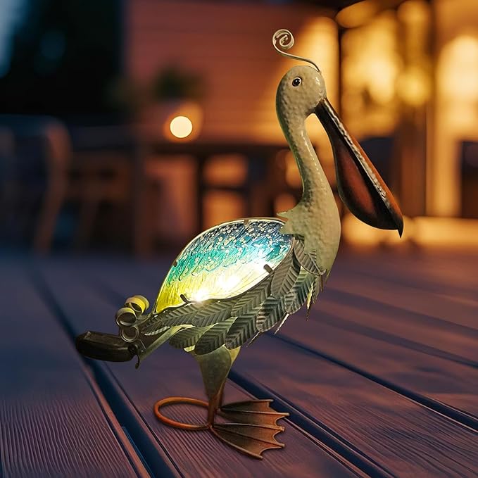 HONGLAND Solar Metal Pelican Statues Garden Sculpture & Statues, 19 Inch Glass Outdoor Pelican Yard Art Coastal Ocean Bird Decor Lawn Ornament for Backyard Porch Patio Decor(Blue-Green)
