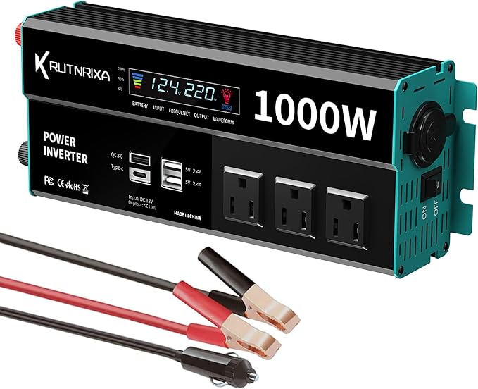 Power Inverters 1000W 12V DC to 110V AC Converter for Vehicles USB-C/PD 25 Watts Fast Charging Ports Car Charger Adapter with a Cigarette Lighter Ports Plug Outlet
