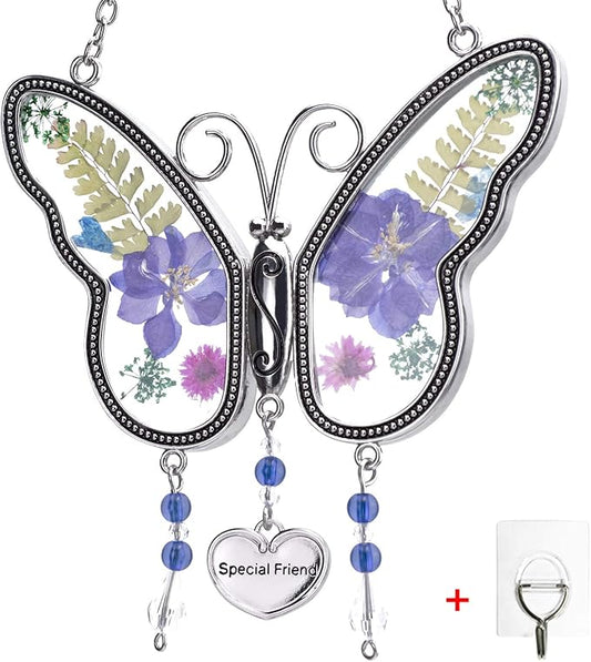 Laraine Butterfly Suncatcher with Pressed Flower Wings Mom Mother's Day Butterfly Glass Wind Chime Ornament Charm with Metal Heart Gifts for Mom Grandma Aunt Birthday (Purple Friend (with Free Hook))