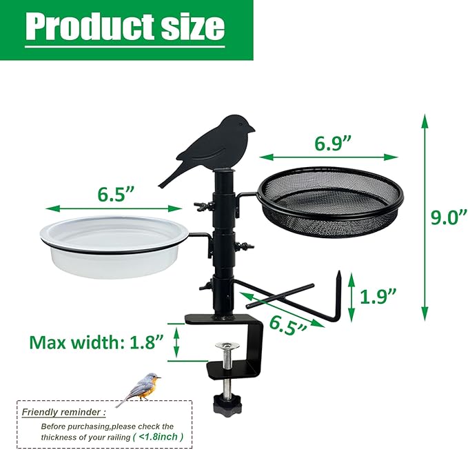 Deck Railing Bird Feeder for Balcony with Platform Metal Mesh Tray,2 Bird Bath Water Bowls and Fruit Station,Deck Rail Mounted Birds Feeder for Outside Wild Birds&Squirrel