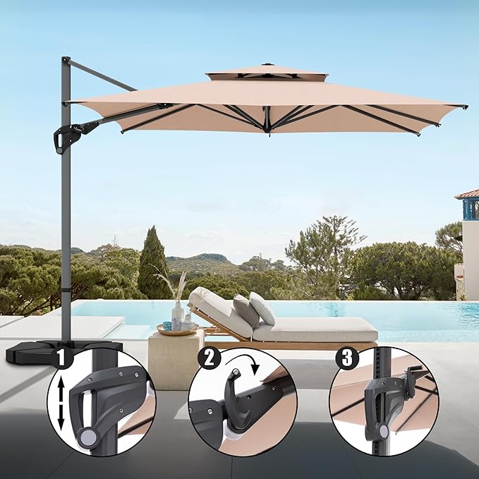 HERA'S HOUSE 10 X 10FT Cantilever Outdoor Patio Umbrella,Large Rectangle Double Top UV Resistance Windproof Umbrella with Heavy Duty 360 Degree Rotation Offset,Aluminum Pole for Garden Pool Backyard, Beige