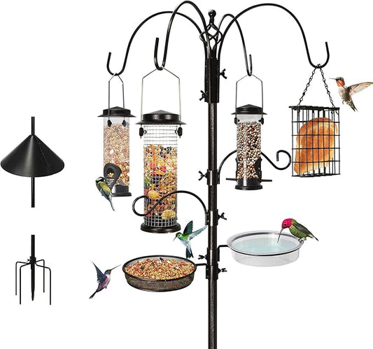 6-Hook Bird Feeding Station, Steel Multi-Feeder Kit Stand for Attracting Wild Birds w/ 4 Bird Feeders, Bird Bath, Mesh Tray and Squirrel Guard Baffle,94 Inch