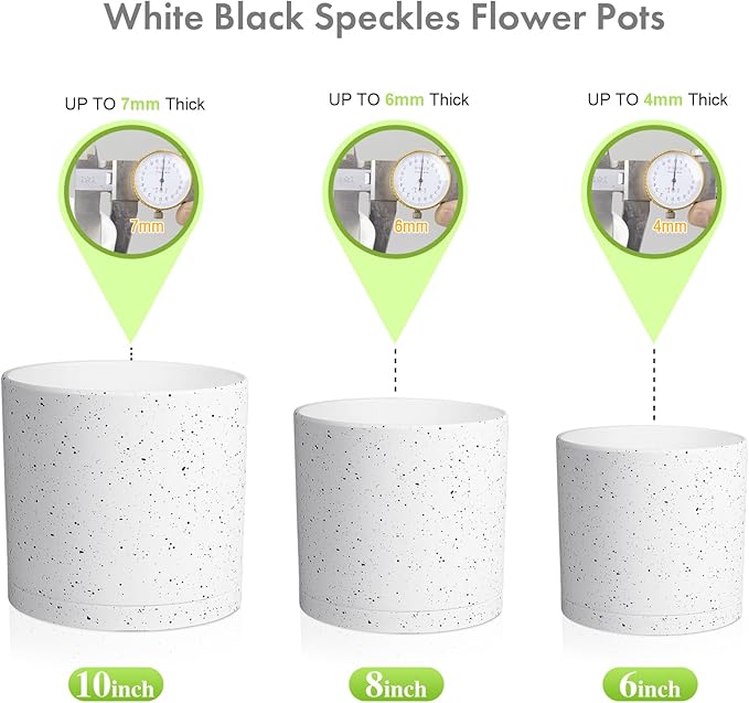 10/8/6 inch Deep Flower Pots, Cylinder Large Plant Pots for Outdoor Indoor Plants, 3 Pack Tall Plastic Planters with Drainage Holes and Saucers for Garden House Plants, Speckled White
