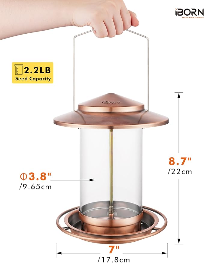 iBorn Bird Feeders for Outdoors Hanging,Metal Bird Feeders for Cardinal Chew Proof 18cm Large Roof&Tray Birdfeeders Outside Hanging,Brushed Copper 6 Port (Seed is not Included)