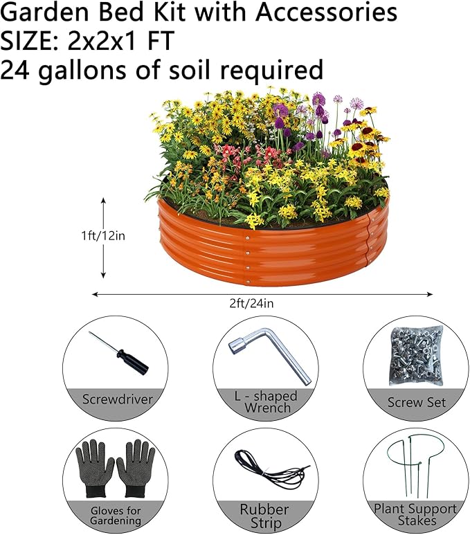 Galvanized Metal Planter Round Raised Garden Bed Kit for Gardening Outdoor,2x2x1ft Grow Garden Box Raised Flower Bed,Round Galvanized Planter Outdoor Metal Fire Pit Ring