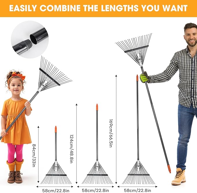 High-Carbon Steel Gardening Leaf Rake, Suitable for Raking Leaves and Lawn Tidying,Adjustable Split Long Handle33-67, 22tines 22.8" Wide,Garden rake and thatch rake Suitable for Adults