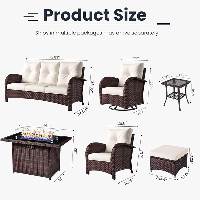 10 Pieces Patio Furniture Sets with Fire Pit Table, Wicker Rattan High Back Outdoor Swivel Rocking Chairs Set with 3-Seat Couch, Ottomans and Side Table
