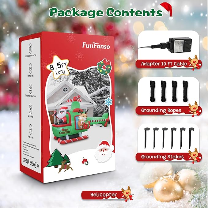 8.5 FT Long Christmas Inflatable Outdoor Decorations, Blow Up Santa Claus Helicopter with Bright LED Lights, Christmas Santa and Reindeer Flying Airplane for Xmas Decor, Lawn, Yard Holiday Party