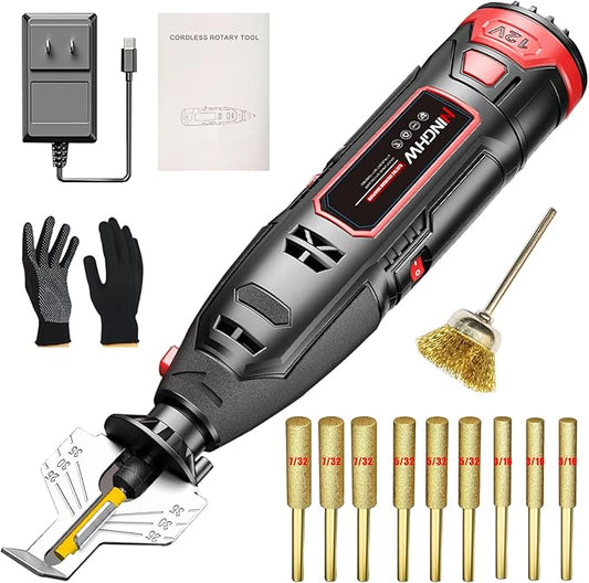 Electric Cordless Chainsaw Sharpener Kit, Chain Saw Sharpener Tool 12V Battery powered with 9 Titanium Plated Diamond Bits(3 types) & brush head & Angle Attachment, Easy to Use for All Chainsaw Chains