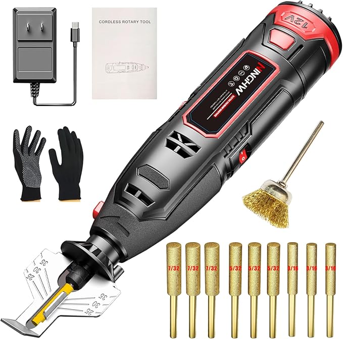 Electric Cordless Chainsaw Sharpener Kit, Chain Saw Sharpener Tool 12V Battery powered with 9 Titanium Plated Diamond Bits(3 types) & brush head & Angle Attachment, Easy to Use for All Chainsaw Chains