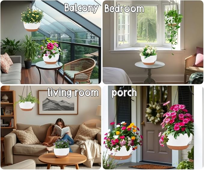 2 Pack 12 Inch Large Hanging Planters with Chains Self Watering White Brown Plastic Hanging Pots for Indoor Outdoor Plants, Garden Porch Home Decor,White Brown