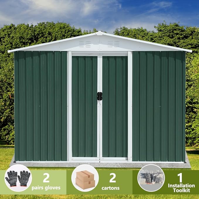 8' x 6' Outdoor Metal Storage Shed Outdoor Shed Galvanized Steel Garden Shed with Sliding Door and Window for Ventilation Storage Sheds House for Backyard Garden(Green)