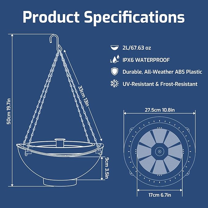 Solar Bird Bath Fountain with Battery, 3-in-1 Hanging & Freestanding Birdbath with Low-Water Protection & 3 Nozzles for Garden, Patio Decor (Deep Blue)