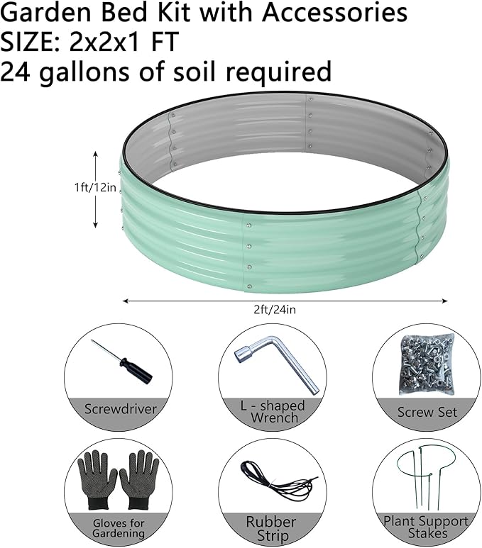 Galvanized Metal Planter Round Raised Garden Bed Kit for Gardening Outdoor,2x2x1ft Grow Garden Box Raised Flower Bed,Round Galvanized Planter Outdoor Metal Fire Pit Ring Green