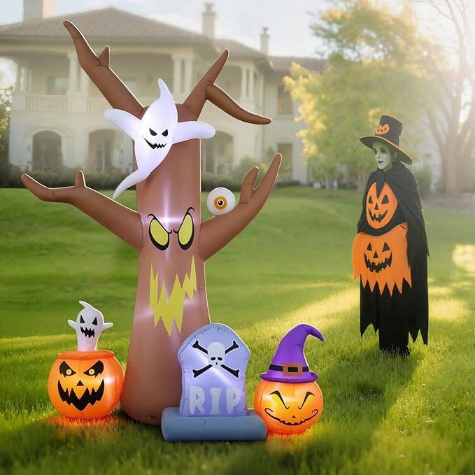 8FT Halloween inflatables Tree, Blow Up Yard Scary Dead Tree with Pumpkin Ghost Tombstone Inflatable for Garden Lawn Indoor Party Decor, Halloween Decorations Outdoor
