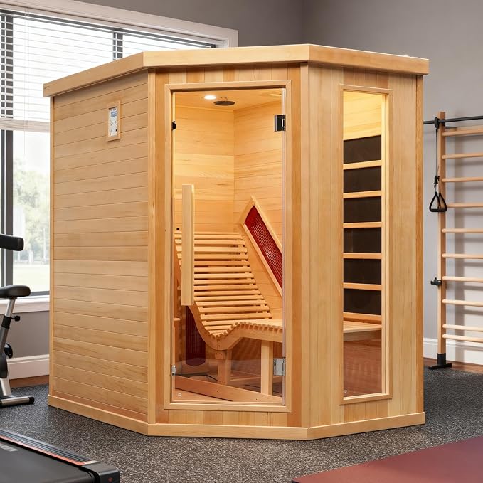 Infrared Sauna with Recliner, 1-2 Person Hemlock Wood Indoor Home Sauna, Dry Sauna Spa with 2300W/220V Heater Tube & Carbon Panels, Control Panel, 10 Minutes Pre-Warm up, Oxygen Bar, Hourglass