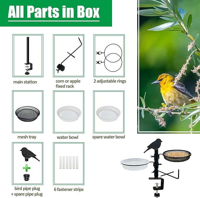 Deck Railing Bird Feeder for Balcony with Platform Metal Mesh Tray,2 Bird Bath Water Bowls and Fruit Station,Deck Rail Mounted Birds Feeder for Outside Wild Birds&Squirrel