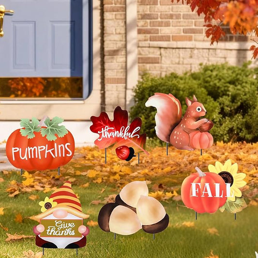 WONDER GARDEN Fall Yard Stakes Yard Signs, 6 PCS Metal Thanksgiving Garden Stakes with Pumpkin, Gnome, Maple Leaf, Chestnut and Squirrel for Harvest,Outdoor, Lawn,Farmhouse Decorations