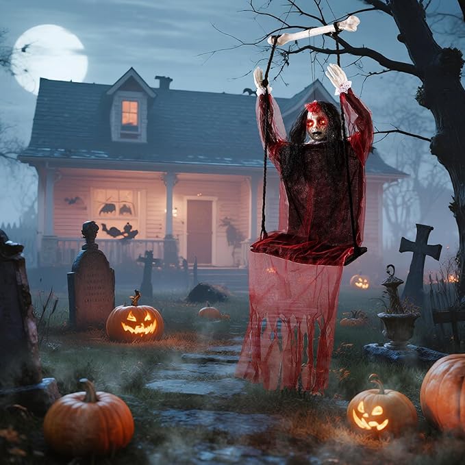 Halloween Decorations Outdoor, Scary Hanging Swinging Girl Props Sound & Slap Activated with Creepy Sound Expressions Light Up Eyes, Halloween Outside Ghosts for Haunted House Yard Lawn Decor