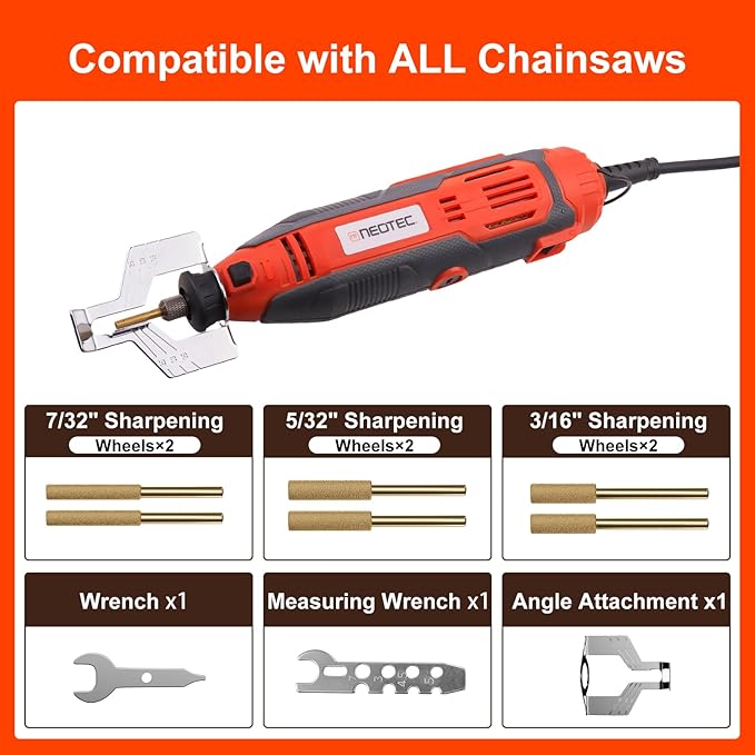 NEOTEC Electric Chainsaw Sharpener Kit Multi-Purpose Chain Saw Sharpener Tool with 6 Titanium-Plated Diamond Bits Saves Time Easy to Use De Cadena De Motosierra for All Chainsaw Chains